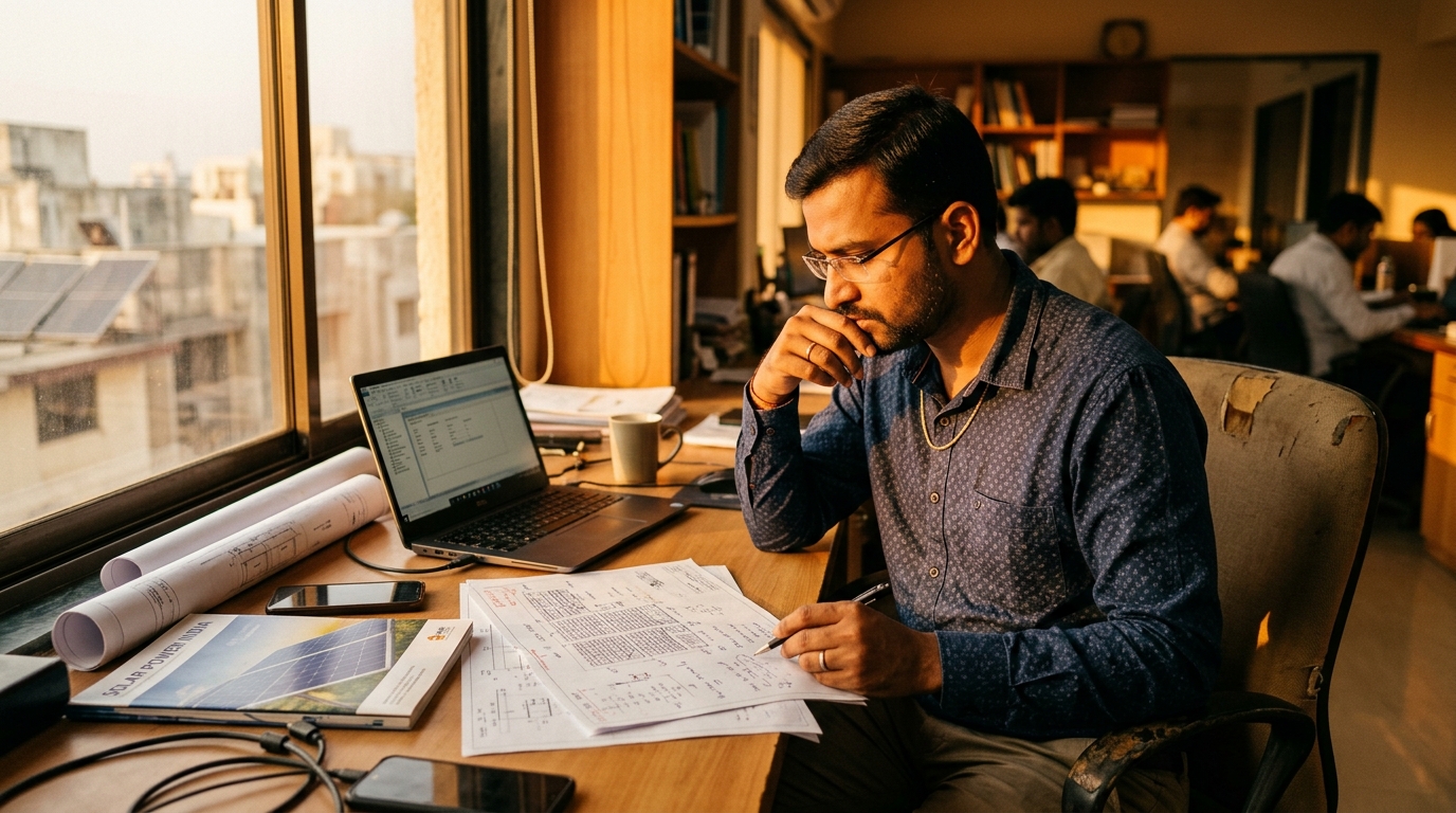 Solar engineer reviewing documents in warm afternoon light