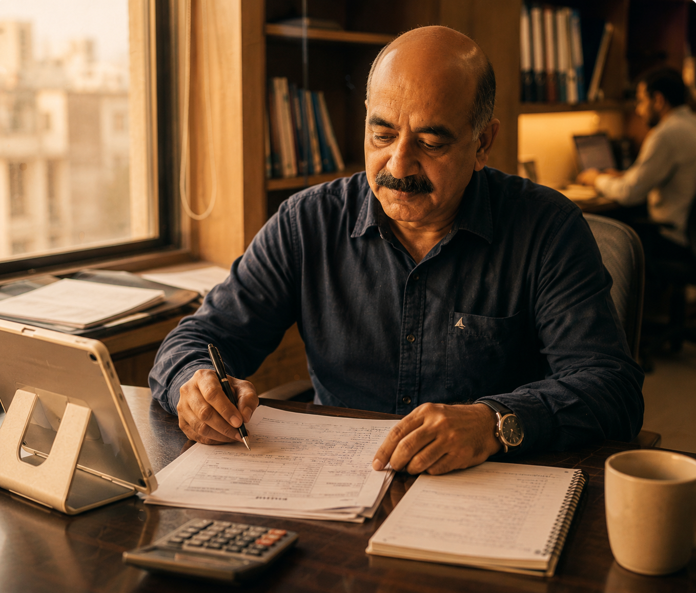 Solar engineer reviewing documents in warm afternoon light