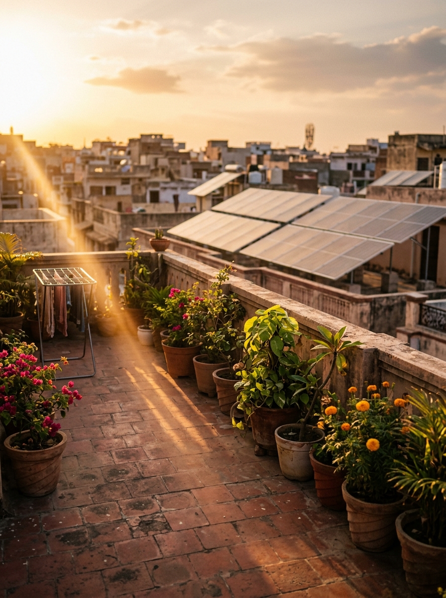 Golden hour sunlight on an Indian rooftop with solar panels